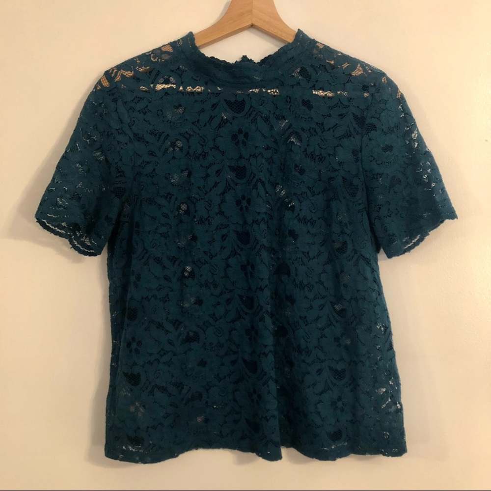 LOFT Teal Blue Lace Soft Sleeve Shell Blouse MP